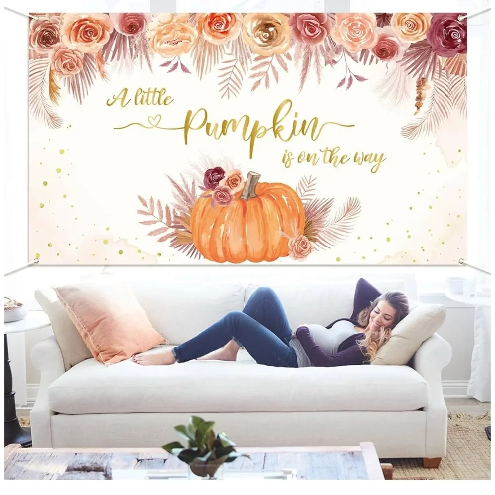 A little pumpkins on the way, 45 x 78,fall baby gender reveal,Off-white,orange